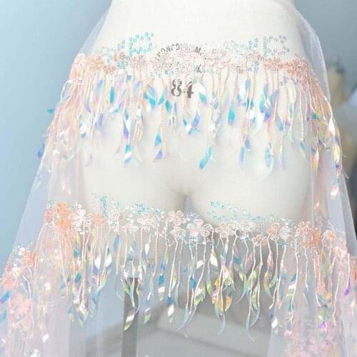 1Meter Tassel Fringe Sequins Wedding Dress Fashion Embroidered Lace Fabric Flower Handmade DIY Production Materials 130cm Wide