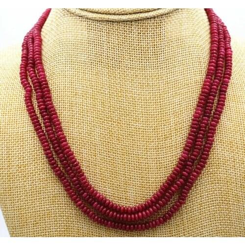 3 Rows Faceted 2x4mm Brazil Red Ruby Rondelle Gems Beads Necklace 17-19'' AA