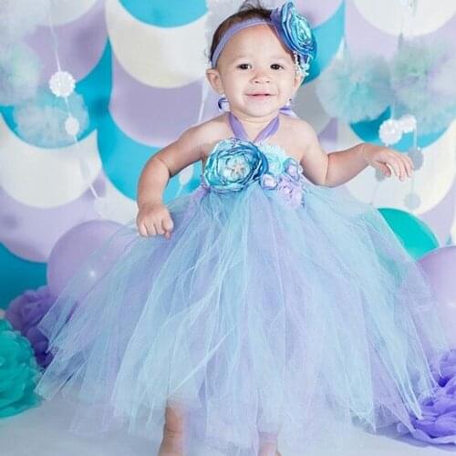 Aqua Voile Princess Ariel Flower Girl 1st Birthday Party Dress Alice in Childrens Wonderland Costumes for Halloween Tutu Dress