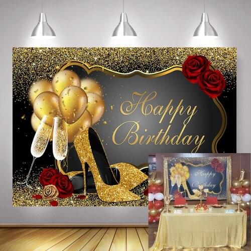 Glitter Gold Happy Birthday Backdrop Red Rose Floral Birthday Cake Table Background Balloons Heels Champagne Glass Photocall
