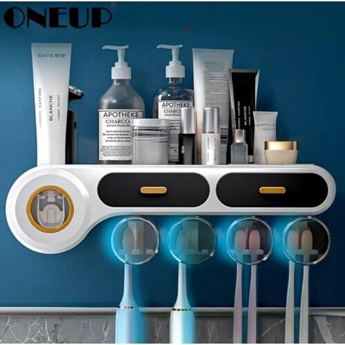 ONEUP Bathroom Accessories Organizer Set Toothbrush Holder Automatic Toothpaste Dispenser Holder Toothbrush Wall Storage Rack