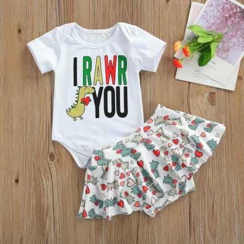 Pudcoco Baby 2Pcs Summer Outfits, Short Sleeve Dinosaur Letter Print Bodysuit + Shorts Tutu Skirt/Long Pants Set