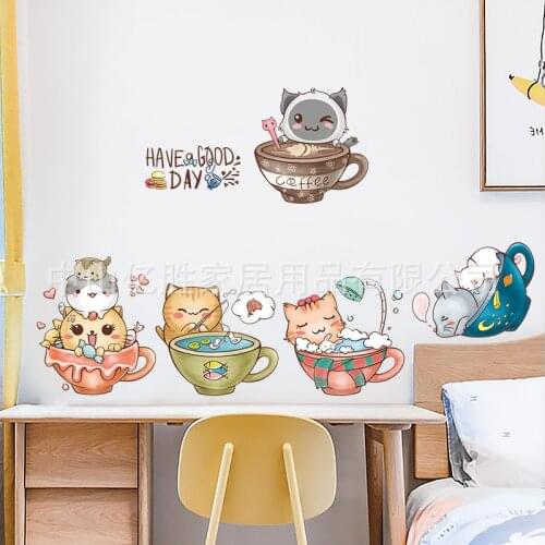Have A Good Day Cat Cup Big Bowl Wall Stickers for Kids Bedroom Dormitory Ins Decoration Rental Cute Layout Sticker Home Decor