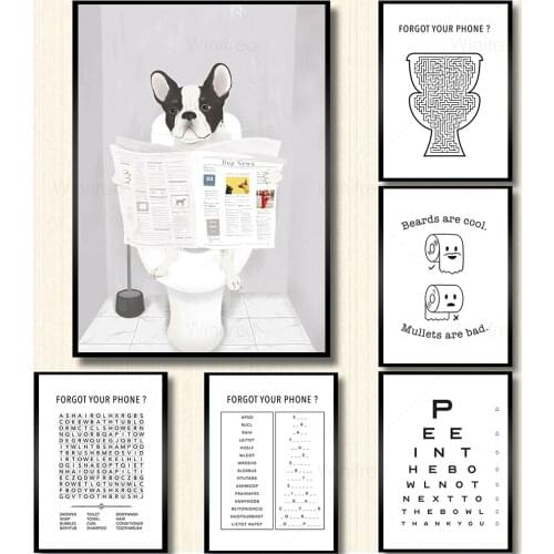 French Bulldog In Toilet Canvas Painting Poster Funny Bathroom Rules Sign Nordic Butt Chart Toilet Nordic Wall Art Home Decor