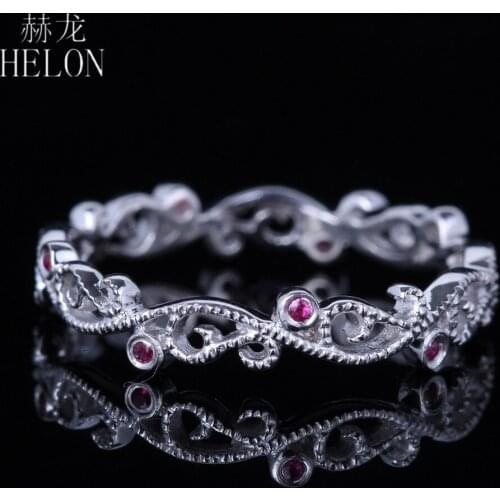 HELON Solid 10k White Gold 0.04ct Natural Ruby Engagement Wedding Ring For Women Vintage Trendy Fine Jewelry Gemstone Ring