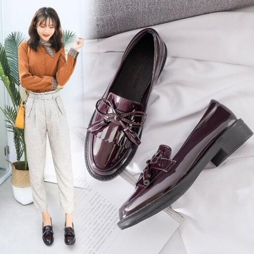 Japanned Leather fringe bowtied derby sapatos winter college small leather shoes ladies office dress creepers flats large size40