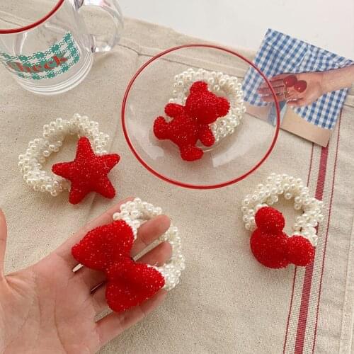 Red Rhinestone Pearl Hair Accessories Rubber Bands Gums Cute Cartoon Bear Bow Doll Elastic Hair Bands Pearl Scrunchies Wholesale
