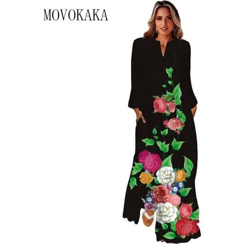 MOVOKAKA Autumn Winter Flower Print Dress Women Black Elegant Casual Long Sleeve Long Dresses Woman Party Loose Maxi Dress Women