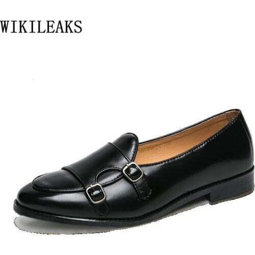 Black Loafers Dress Shoes for Men 2021 Double Monk Strap Wedding Shoes Man Brown Pointed Toe Designer Slip on Shoes Men Zapatos
