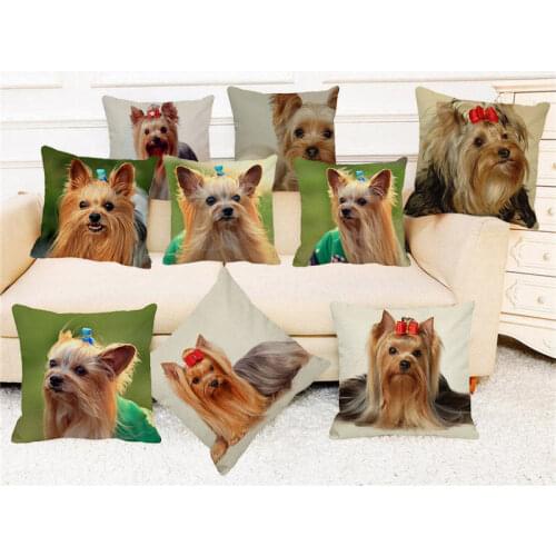 XUNYU Cute Pet Dog Pillow Cover Yorkshire Terrier Linen Pillowcase 45*45cm Square Cushion Covers Home Decor Throw Pillowcase