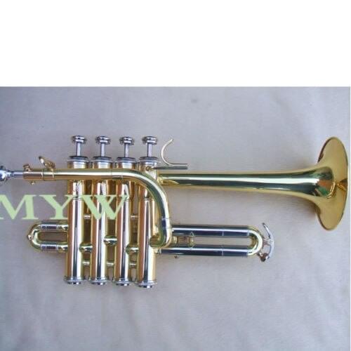 Piccolo trumpet outfit gold lacquer 4 pistons valves cupronickel pipe hard case
