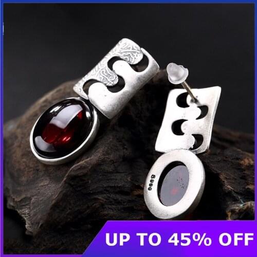 Real 990 Fine Silver Jewelry Nature Red Stone Dangle Earrings for Women Retro Patterns Double E Brincos Handmade Bijoux Gifts