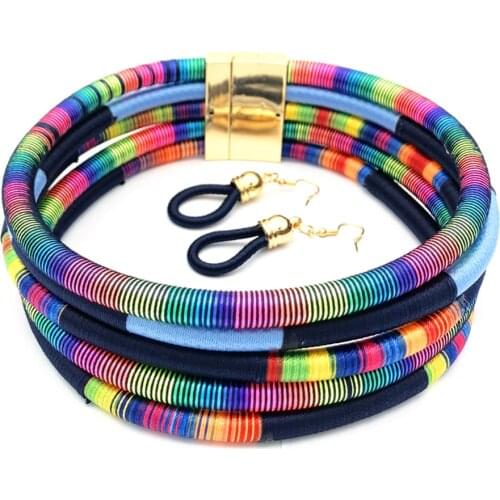 Most Popular African Style Color Line Hand-knitted Magnetic Buckle Collar Exaggerated 6 Colors Chunky Choker Necklace for Women