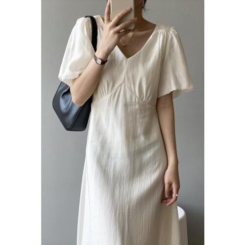 Summer V-neck Maxi Dress Womens Retro Sundress Casual Puff sleeve Vestidos Female High Waist Robe Femme Short sleeve Dress