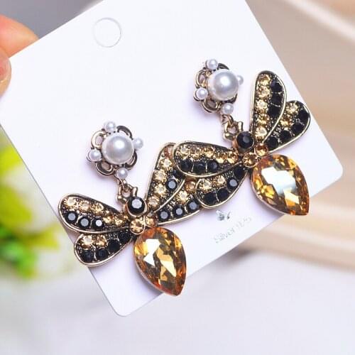 Cute Vintage Crystal Rhinestone Animal Bee Drop Dangle Earrings Champagne Insect Trendy Party Wedding Jewelry Brincos for Women