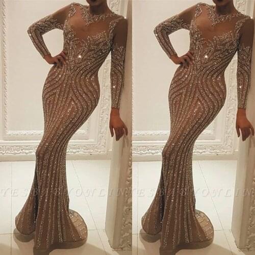 SuperKimJo Vestidos De Fiesta Sparkly Silver Evening Dresses Long Sleeve Mermaid Modest Elegant Sexy Formal Dresses