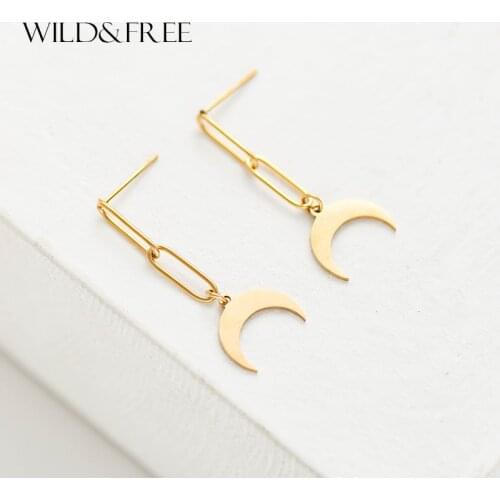 Wild&Free New Gold Link Moon Pendant Dangle Earrings For Women Cute Stainless Steel Crescent Drop Earrings Bohemian Jewelry