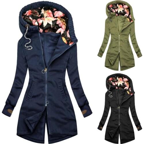 Women Coat Hood Jacket New Women Warm Sweatshirts Autumn Winter Women Long Sleeve Coat Zip Irregular Floral Print Hood Jacket