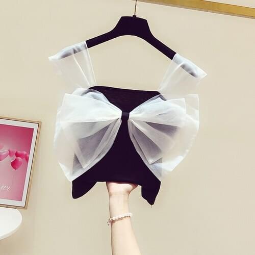 Sexy Tank Women 2021 Summer NewMesh Big Bow Contrast Color Top Slim Fit Sleeveless Vest Shirt Black
