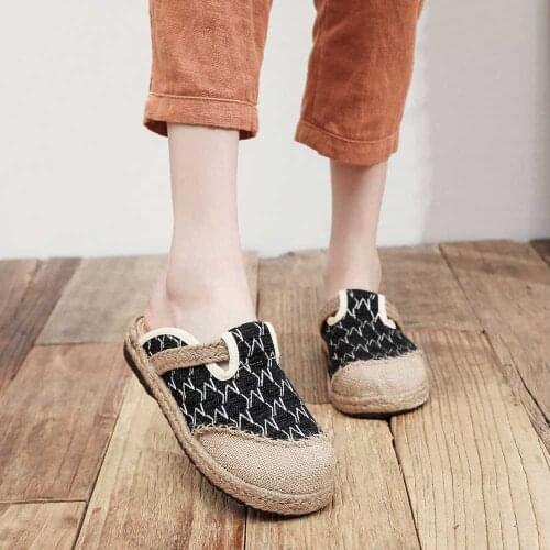 Vintage Rope Sole Ladies Handmade Canvas Close Toe Shoes Bohemian Women Casual Mule Espadrilles Summer Comfort Flat Slippers
