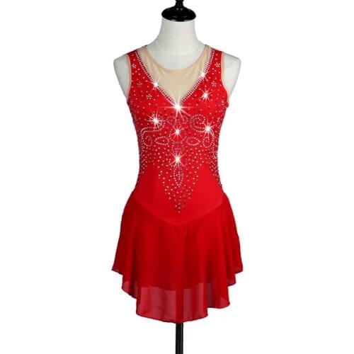Ice Skating Dance Dress Female Elegant Sleeveless Rhinestone Performance Red Dresses Kids/Adult Latin Dance Costumes DQL3309