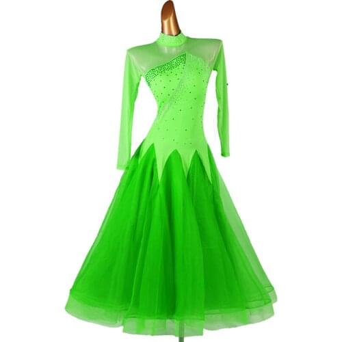 Ballroom Dance Competition Dress For Women Long Sleeve Rhinestone Big Swing Blue/Green Waltz Dance Costumes Customized DQL4509
