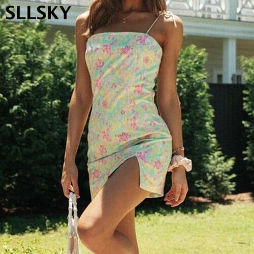 SLLSKY Floral Print Spaghetti Strap Dress Women Summer New Slash Neck Sexy Split Lace-up Holiday Colorful Fashion Mini Dresses