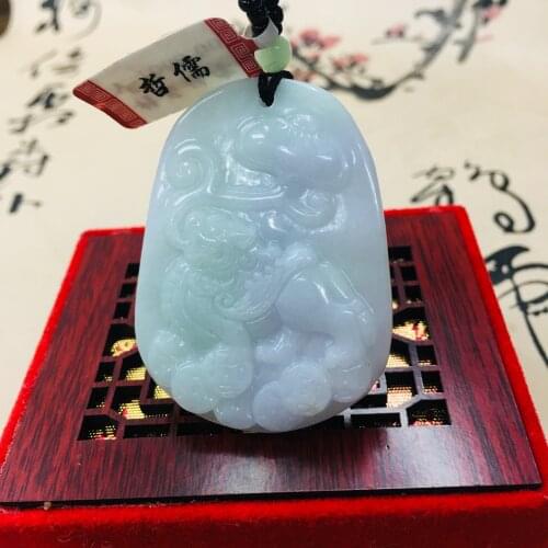 Zheru pure natural Jadeite carved light green gold kylin pendant with green bead chain sweater chain Send A certificate