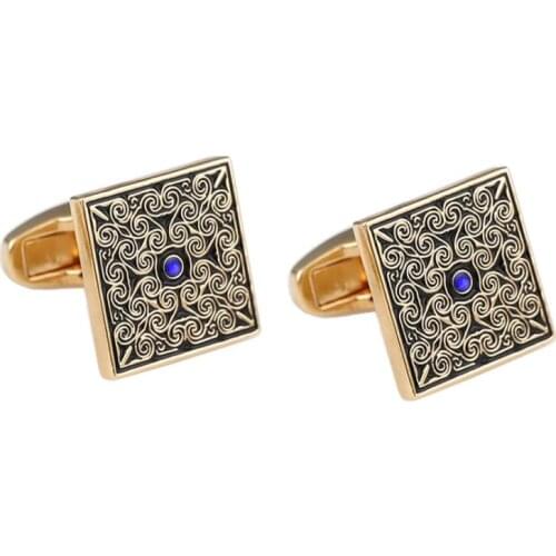 10pairs/lot Vintage Gold Square Cufflinks Retro Flower Pattern Blue Crystal Cuff Links Relojes Gemelos Mens Jewelry Wholesale