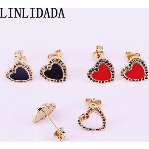 10Pair Gold color mix colored enamel heart shaped rainbow cz micro pave stud earring for women