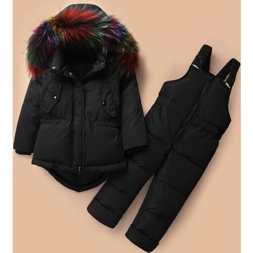 Dollplus Winter Fur Hooded Warm Children Clothing Sets Girls Down Coat Overall 2pcs Childrens Snowsuit Kids Outdoor Ski Suit