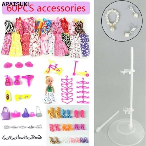 60items/set Dolls Accessories For Barbie Doll Outfits 10Pairs Shoes & 10 Fashion Dress Clothes Necklace Earring Glasses Handbag