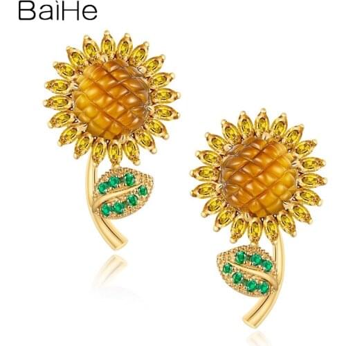 BAIHE Solid 14K Yellow Gold Tigers eye+Tsavorite+Yellow Sapphirs Fine Jewelry Wedding gift sunflower Earrings for Women серьги