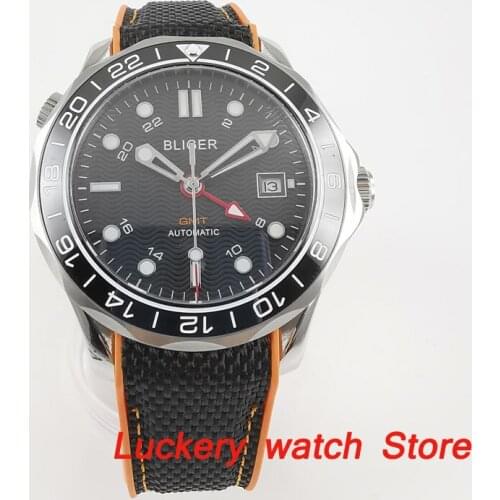 Bliger 41mm Men watches black dial saphire glass;GMT Ceramic bezel Luxury Automatic mechanical watch Men