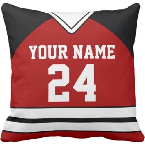 Throw Pillow Cover Stripes League Hockey Jersey with Name Number Red Game Decorative Pillow Case Home Decor Square 18 x 18 Inch