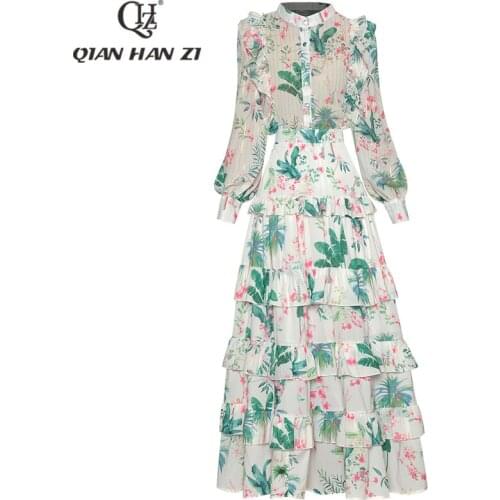 Qian Han Zi designer fashion spring 2-piece set Women long sleeved shirt+flower banana leaf print ruffled long skirt Suit set