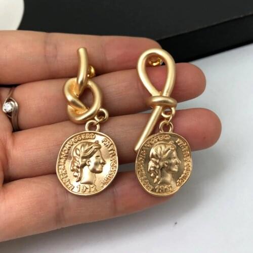 F.J4Z 2020 Trend Retro Chic Earrings for Woman Vintage Coin Charms Drop Earrings Knot Twisted Alloy Jewelry for Party Christmas