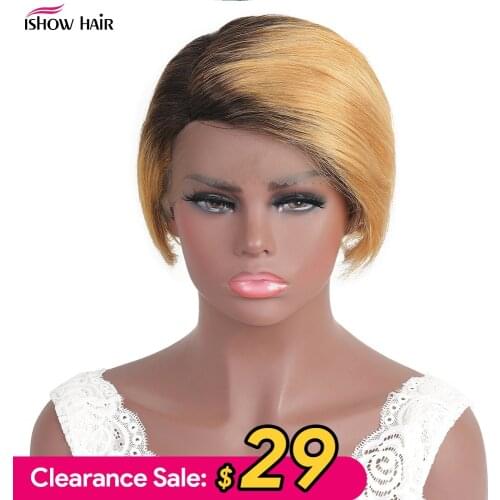 Ishow Pixie Straight Ombre Colored Human Hair Wigs For Women 1B350 Short Wig Machine Pixie Cut Bob Wig Bob Lace Human Hair Wig
