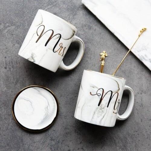 Mr&Mrs Ceramic Coffee Cups and Mugs Gold Painting Porcelain Water Mug para cafe Love Gift Drinkware Tools With Spoon