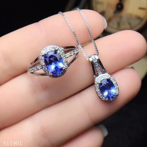 KJJEAXCMY boutique jewelry 925 Silver-inlaid Natural Tanzanite Female Pendant Ring Necklace Set Support Detection xcdse