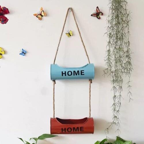 Retro Wrought Iron Double Flower Pot Hemp Rope Decoration Hanging Bucket Garden Wall Hanging Flower Home Balcony Hanging Basket