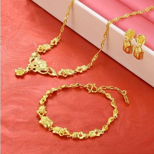 Beautiful Jewelry Set Yellow Gold Filled Rose Flower Necklace/Bracelet/Earrings Women Wedding Bridal Trendy Set Engagement Item