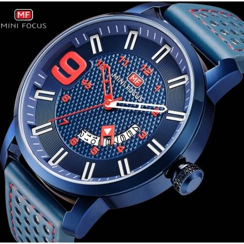 MINI FOCUS Sport Marine Quartz Watch Men Ocean Blue Leather Strap 3ATM Waterproof Calendar Display Mens Watches Top Brand Luxury
