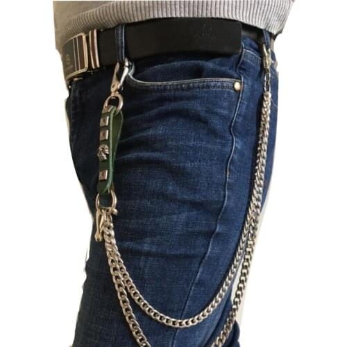 Fashion men green PU Pants Chain 2 lines nightclub chain Punk Jean Mens boys Street tide pants key chain jewelry Wallet chain