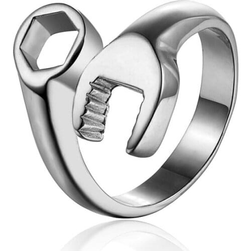 Fashion Cool Biker Mechanic Wrench Stainless Steel Mens Ring Punk Style Rings for Men Size 7-13 anel masculino