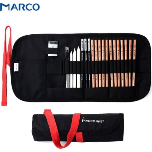Marco 7500 Sketching Pencils Set Roll Up Canvas Carry Pouch of Graphite Pencil Eraser Craft Knife School Supplies Art Stationery