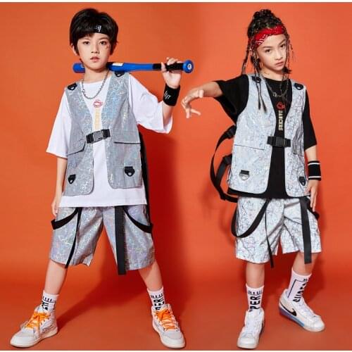 Boys' Hip-Hop Clothes Summer New ChildrenS Reflective Vest Shorts Loose Hiphop Costumes Jazz Performance Rave Clothes DQS7504