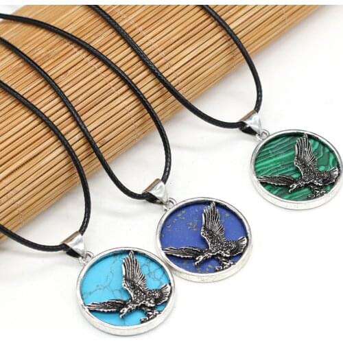 Natural Stone Pendant Necklace Round Lapis Lazuli Malachite Blue Turquoises Stone Charms Wax Thread for Women Jewelry Necklace