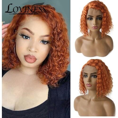 Orange Ginger Human Hair Curly Wig Water Wave 13x4x1 Side Part Lace Front Bob Wigs 180 Density Brazilian Short Glueless Wavy Wig