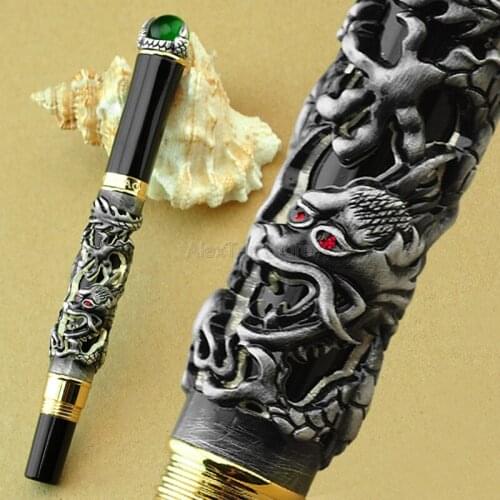 Jinhao Noble Dragon King 18KGP M Nib Fountain Pen , Metal Embossing Green Jewelry on Top, Gray Drawing Refillable Ink Pen